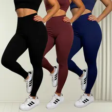Kit 03 Calças Legging Feminina Suplex Premium Cós Alto Modelador, Zero Transparência