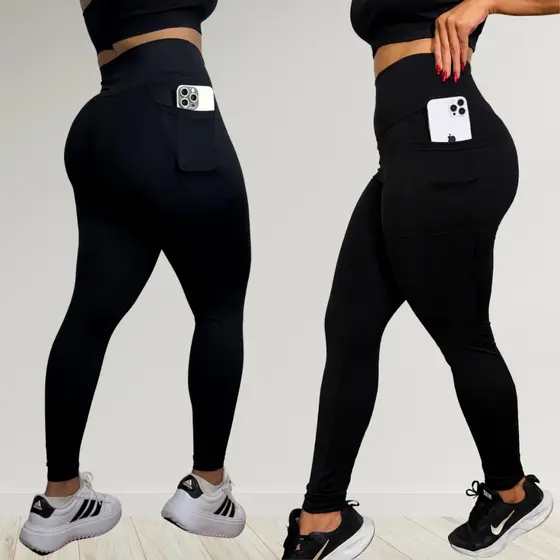 Calça Legging Feminina Fitness Cintura Alta Bolso Lateral Zero Transparência Suplex Cós Duplo