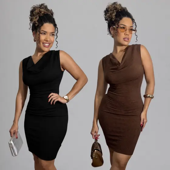 Kit 02 Vestidos Midi Feminino Anarruga Drapeado Tubinho Moda Gola Boba Estiloso de Festa