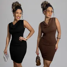 Kit 02 Vestidos Midi Feminino Anarruga Drapeado Tubinho Moda Gola Boba Estiloso de Festa