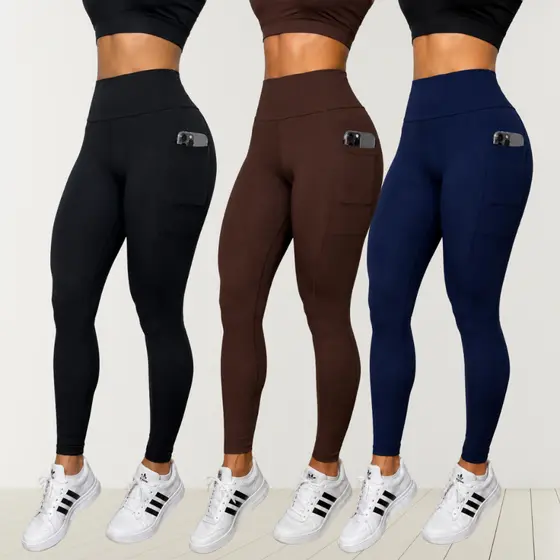 Kit 03 Calças Legging Feminino Fitness Alta Compressão Suplex Bolso Lateral Cós Duplo Cintura Alta