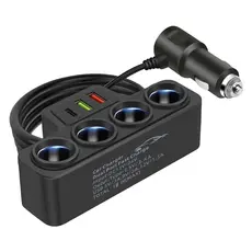 Adaptador 4 em 1 de Carregador de Carro 12V-24V | Divisor de Isqueiro 3 Soquetes + 2 Portas USB com LED e Carga Rápida