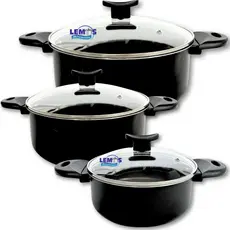 Kit Panelas Caçarolas 3 Peças 16 18 20 ou 20 22 24 cm Antiaderente com Tampa de Vidro Teflon Preto