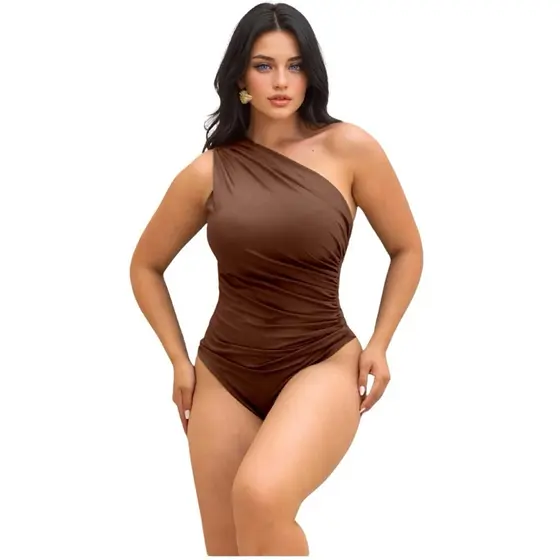 Body Suplex Feminina Plissado Mula Manca Regata Tendencia, Com Forro Um Ombro Tecido Grosso