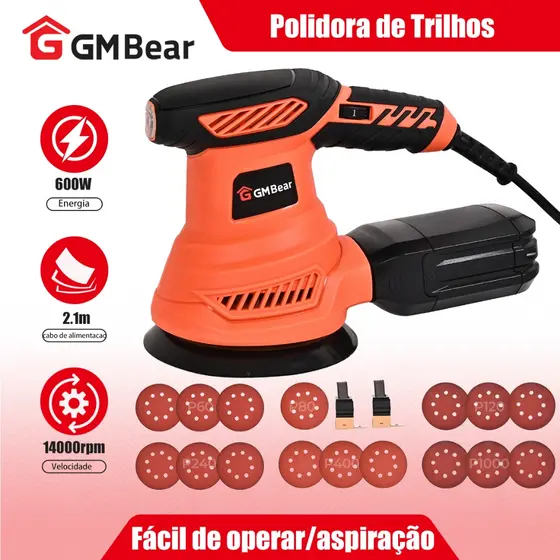 GM Bear Lixadeira Orbital 600W de 5 Polegadas Orbital Aleatória 14000RPM com 5 Lixas de Grãos Diferentes e Coletor de Pó