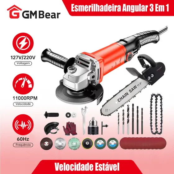 GM Bear Esmerilhadeira Angular 3 em 1 - Com Lixadeira, Furadeira e Motosserra, Versátil e Potente para Uso Profissional