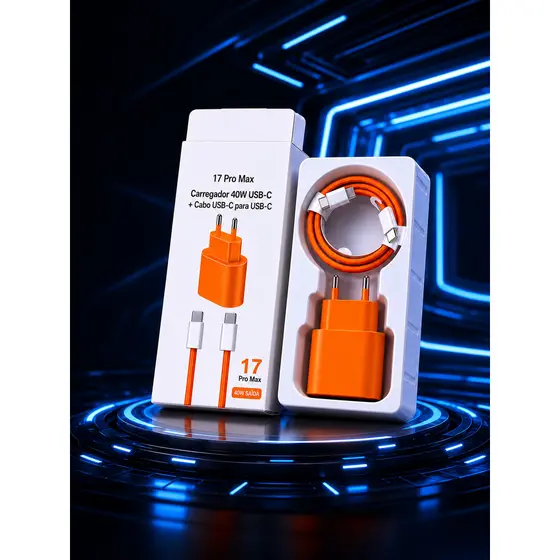Carregador turbo 40W para iPhone com cabo USB-C incluso. Ideal para quem quer carregar mais rápido no dia a dia.