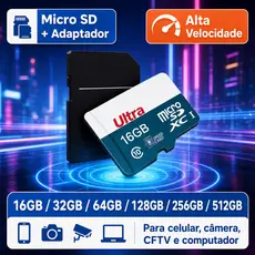 Cartão de Memória Micro SD 16GB 32GB 64GB 128GB 256GB 512GB Velocidade Alta + Adaptador SD
