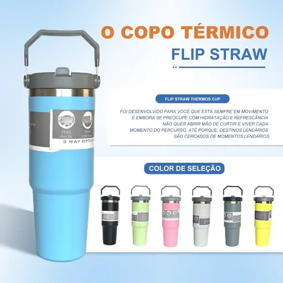 Garrafa Térmica 900ML Com Alça Flip Tumbl Aço Inoxidável Isolamento Térmico Com Canudo P/ Academia Trabalho Caminhada