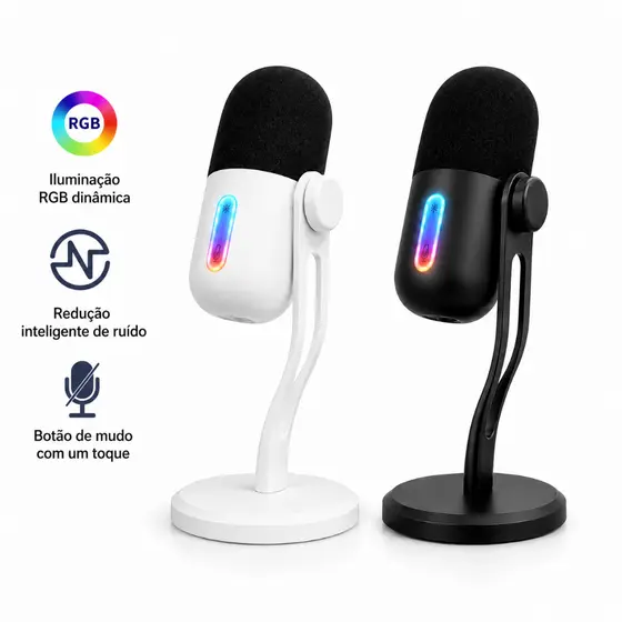 Microfone Condensador Gamer USB  Cardioide RGB Plug Play Saída Fone P2 para Streaming PC e Notebook