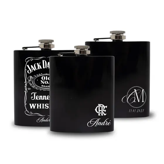 Porta Whisky Cantil 7oz Preto Aço Inox Personalizado Elegante Premium