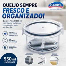 Pote Redondo - Queijeira Plasútil 550ml com Tampa Hermética e Base Drenante | Pote Porta Frios e Mortadela