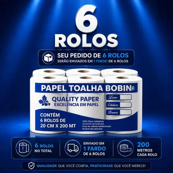 Papel Toalha Bobina 200m | Caixa com 6 Rolos | Alta Absorção | Uso Comercial e Profissional
