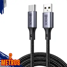 Cabo USB x Tipo-C Turbo 60W - 2 Metros Celular Notebook Carregador e Transferência de Dados Macho