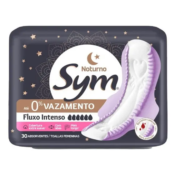 Absorvente Sym Noturno Fluxo Intenso Extra Suave Com Abas 30 Unidades