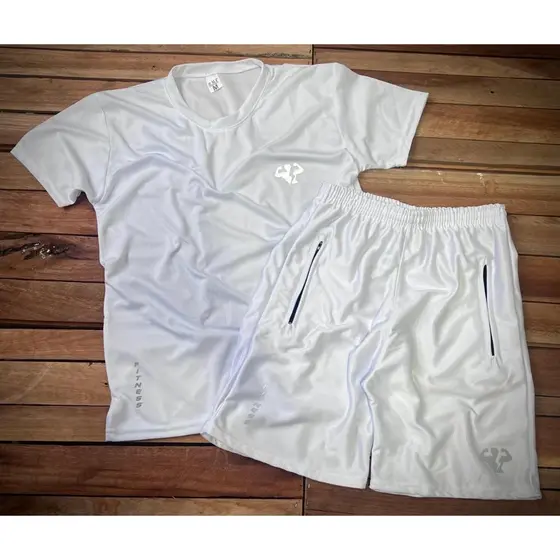 Conjunto Todo Branco Masculino Camiseta e Bermuda Fitness Pronta Entrega Envio Imediato - Ideal Para Treinar - Dia-a-Dia