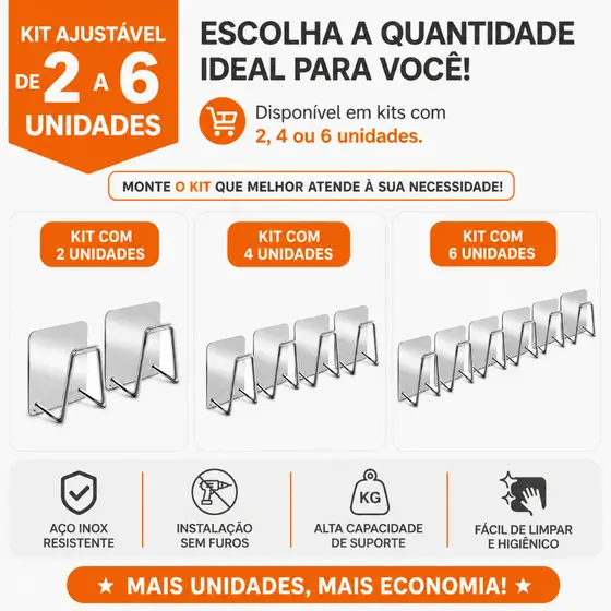 Kit 2 a 6 Ganchos Inox 304 - Suporte/Porta Esponja para Pia – Suporte Adesivo Anti Ferrugem, Organizador de Cozinha
