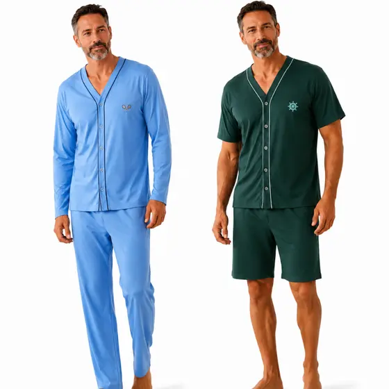 Pijama Masculino com Botão Manga Longa e Manga Curta Short Bermuda e Calça Pós Cirúrgico