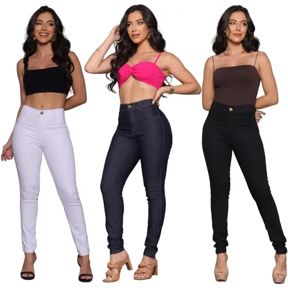 Calça Jeans Feminina Skinny com Lycra Cintura Alta Modela e Empina Bumbum