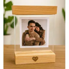 Porta Retrato com Base Madeira e Vidro Duplo Personalizado Presente Romântico Decorativo