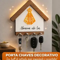 Porta Chaves de Parede Decorativo Casa Nossa Senhora MDF Branco e Dourado Religioso