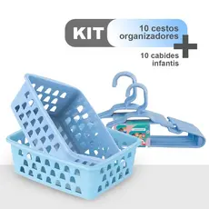 Kit 10 Cestinhas Organizadoras + 10 Cabides Infantis – Azul Bebê