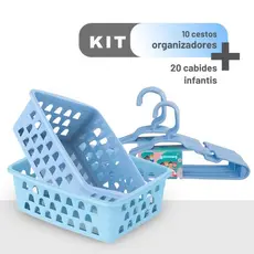 Kit 20 Cabides Infantis + 10 Cestos Organizadores Azul para Guarda-Roupa