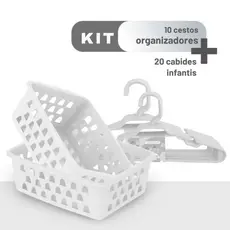 Kit 20 Cabides Infantis + 10 Cestos Organizadores Brancos para Guarda-Roupa