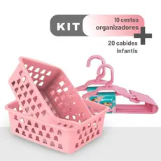 Kit 20 Cabides Infantis + 10 Cestos Organizadores Rosa para Guarda-Roupa