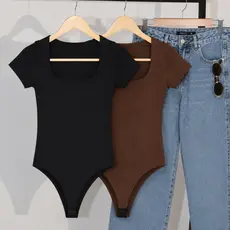 Dois ou um Body Feminino Decote Quadrado Manguinha Curta Suplex Verão