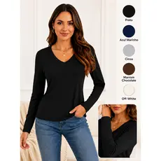 Blusa Feminina Manga Longa Gola V Segunda Pele Viscolycra Basica Elegante Casual