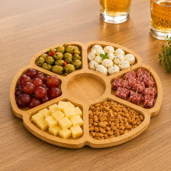 Petisqueira Redonda 7 Divisórias Flower MDF Estampa Bambu Frios Queijo Festa