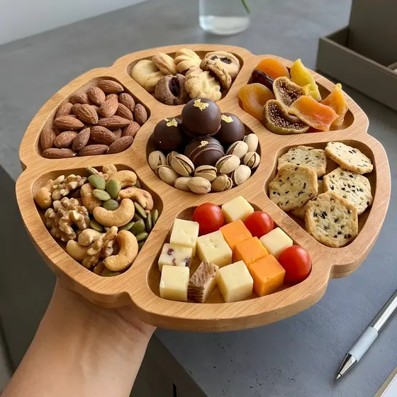 Petisqueira Tábua Flower Redonda para Frios e Queijo em formato de Flor Gamela tipo bambu MDF mesa posta café