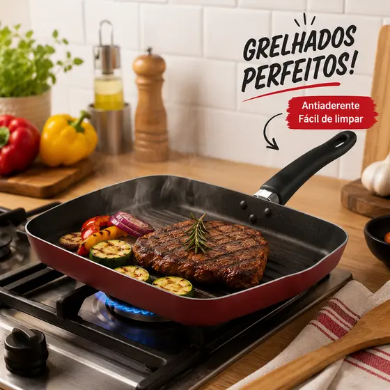 Frigideira Grill Antiaderente Bifeteira Revestimento Techflon Chapa Nacional