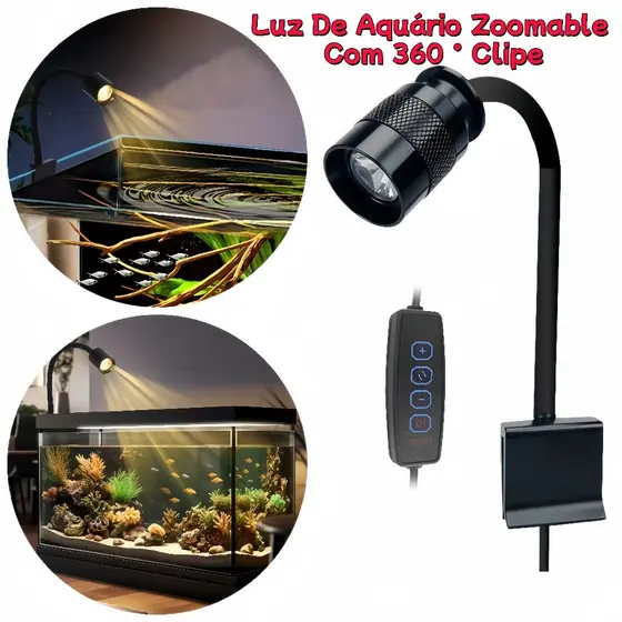 Mini Lâmpada de Aquário com Clipe 3W Ajustável Zoom à Prova D'água para Tanque de Peixes