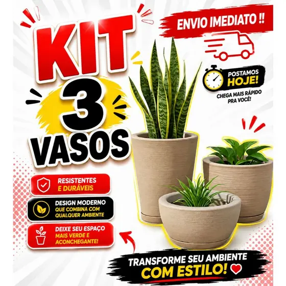 Kit Com 3 Vasos Decorativo de Planta Escovado Polietileno Com Prato Cone + Bojo + Bacia
