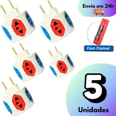 Adaptador de Tomada c/ 6 Entradas 10A/20A Pino Maciço Resistente Com Fusível Tomadas Coloridas Esfera