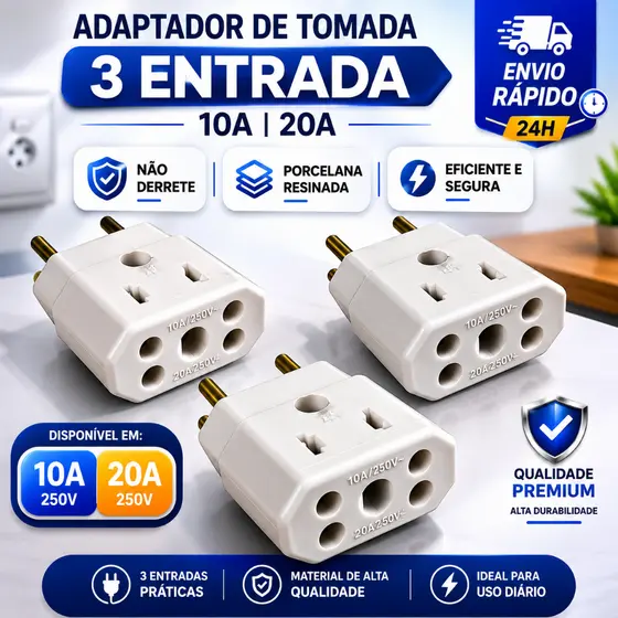 Adaptador Tomada Porcelana 3 Entradas 10A 20A Benjamin Universal Não Derrete