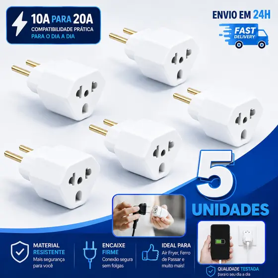 Adaptador de Tomada c/ 5 Benjamin Pino Maciço Alta Durabilidade