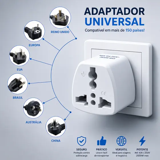 Adaptador Tomada Universal Padrão Europeu Uk Para Brasil