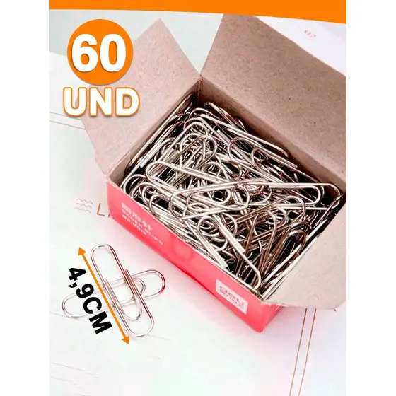 Kit 60 Clips De Metal Grampo Para Papel 49mm Escritório Papelaria Escola