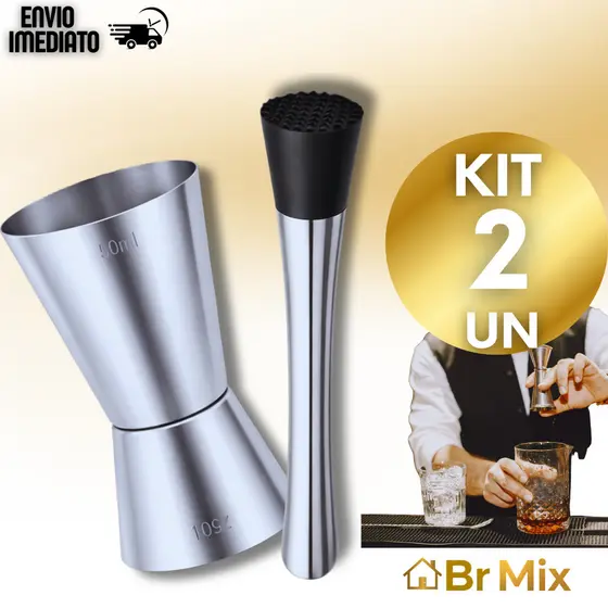 Kit Bar: Socador de Caipirinha + Dosador Duplo Inox Bares Drinks Bebidas Shakes Coquetéis Bebidas Bar