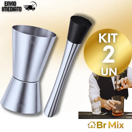 Kit Bar: Socador de Caipirinha + Dosador Duplo Inox Bares Drinks Bebidas Shakes Coquetéis Bebidas