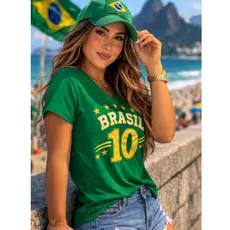 Blusa Brasil Feminina Estilosa Camiseta Decote V Tendência Copa Tecido Viscolycra M ao G2Pluz size