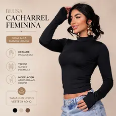 Blusa Cacharrel Feminina gola alta manga longa com detalhe de dedinho Preto MArrom e Bege