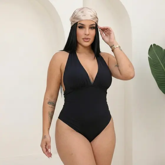Body Bárbara Plus Size Feminino Suplex Premium Frente Única Decote V Amarração no Pescoço Costas Abertas Modelagem