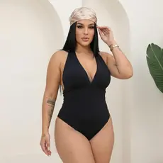 Body Bárbara Plus Size Feminino Suplex Premium Frente Única Decote V Amarração no Pescoço Costas Abertas Modelagem