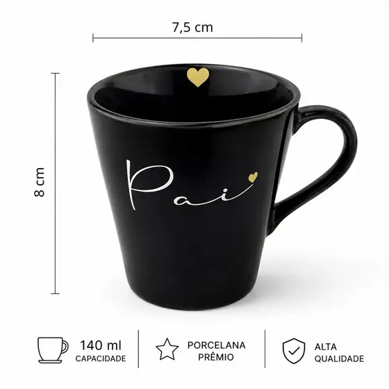 Jogo Kit Caneca Xícara Chá Café Porcelana Preta 140 Ml Pai