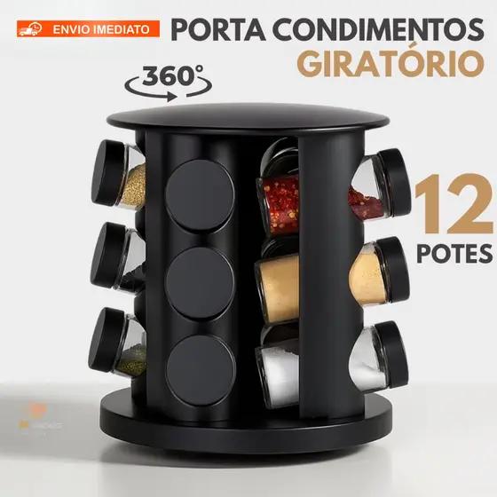 Porta Tempero com 12 Potes de Vidro Preto Giratório 360 Graus Organizador de Condimentos