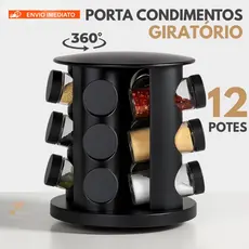 Porta Tempero com 12 Potes de Vidro Preto Giratório 360 Graus Organizador de Condimentos